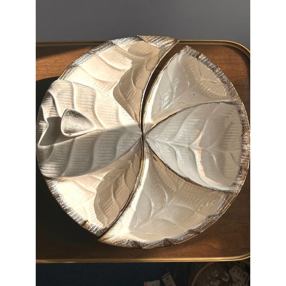 California Originals 595-USA Leaf Lazy Susan Ceramic Serving Set Gold Trim MCM‎